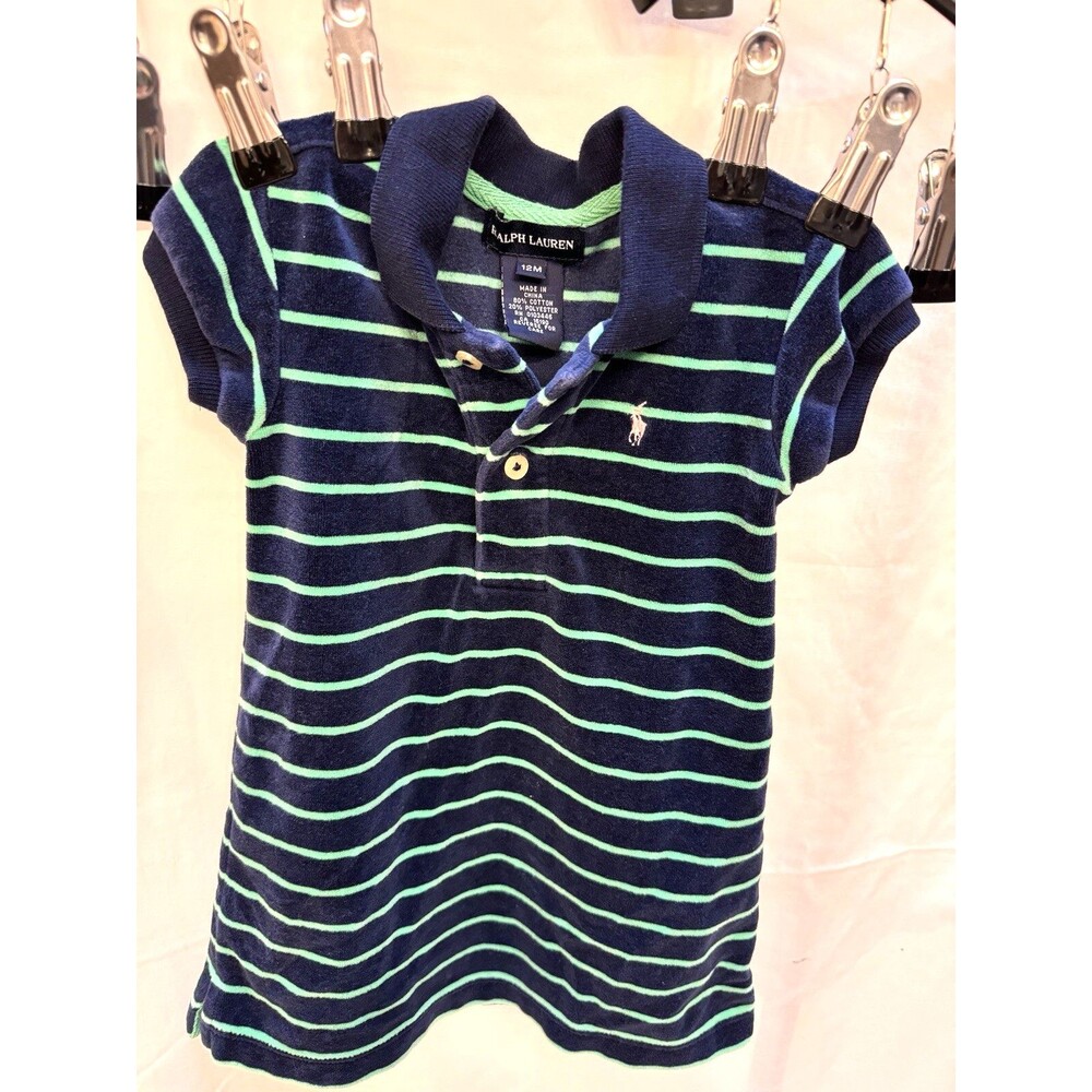 Ralph Lauren infant baby girl 12M blue and green striped dress shirt dress